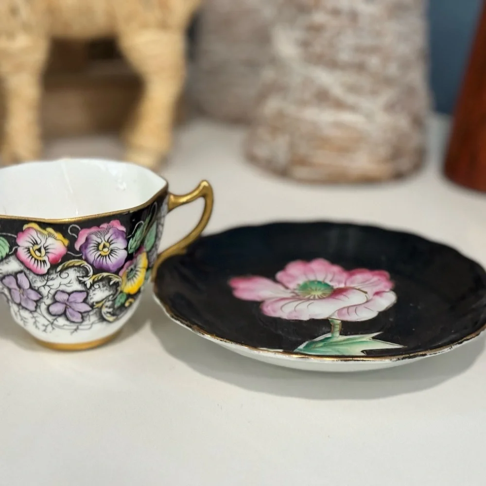 Royal White China tea cup and saucer black with pink floral